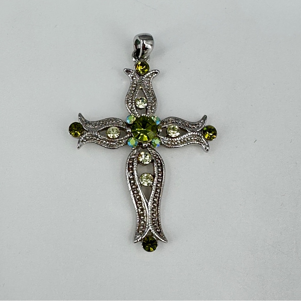 Cross Necklace Pendant Silver Tone August Green Rhinestone Religious Spiritual
